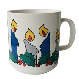 Vitromaster Christmas Coffee Mug Candles Holly Stoneware Lisa Design Blue Gray